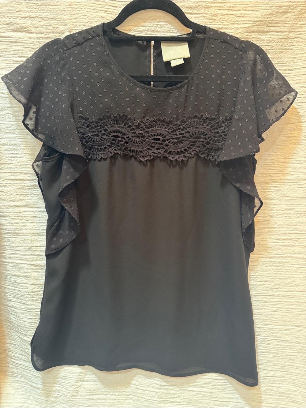 Maeve Black Lace-Trim Flutter Sleeve Blouse